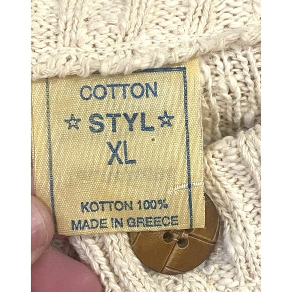 Vintage Greek Cotton Fisherman Cardigan XL Slouchy Cream Textured Knit 90s - Picture 8 of 12